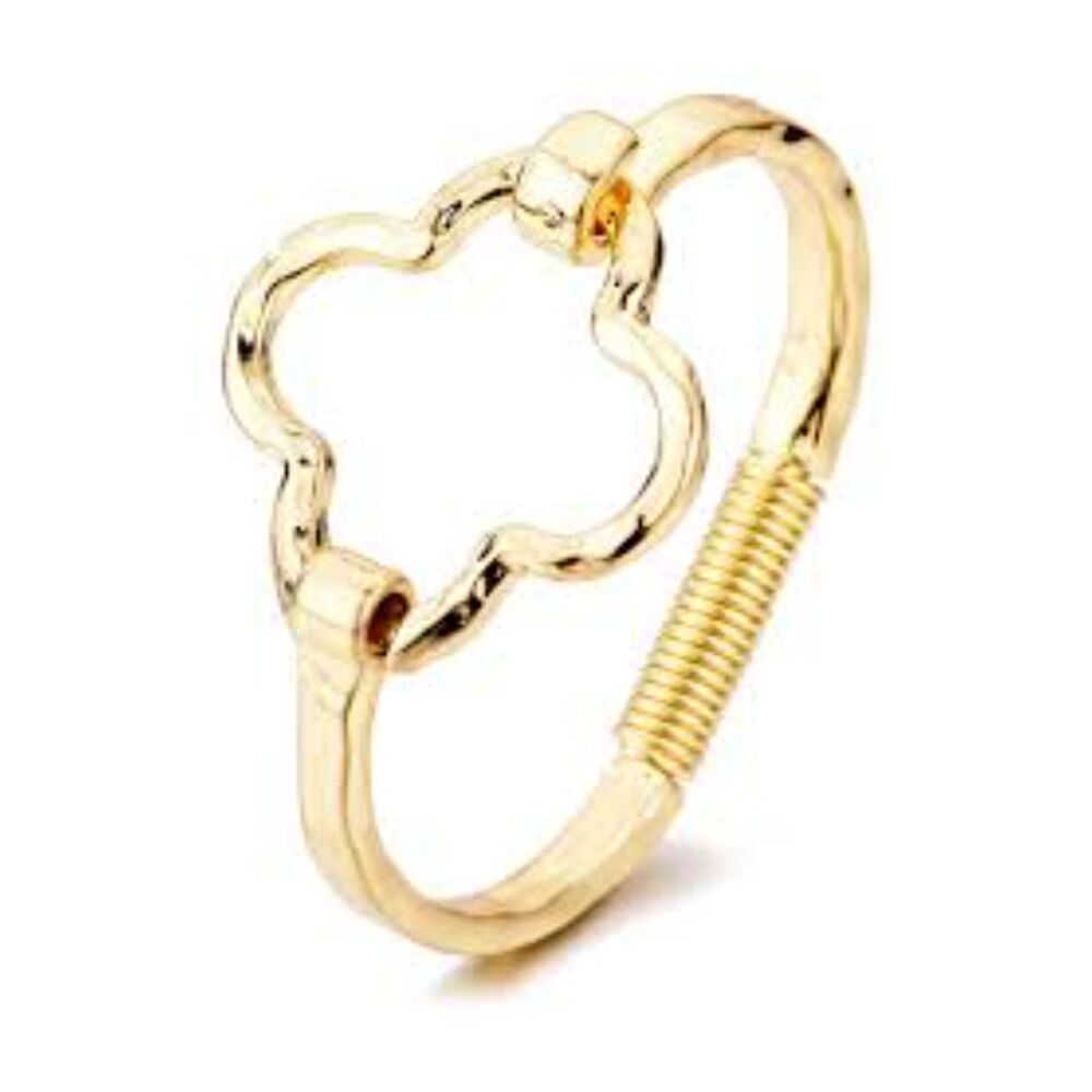 Gold Tone Quatrefoil Clover Cuff Bracelet Spring Hinge Statement Jewelry